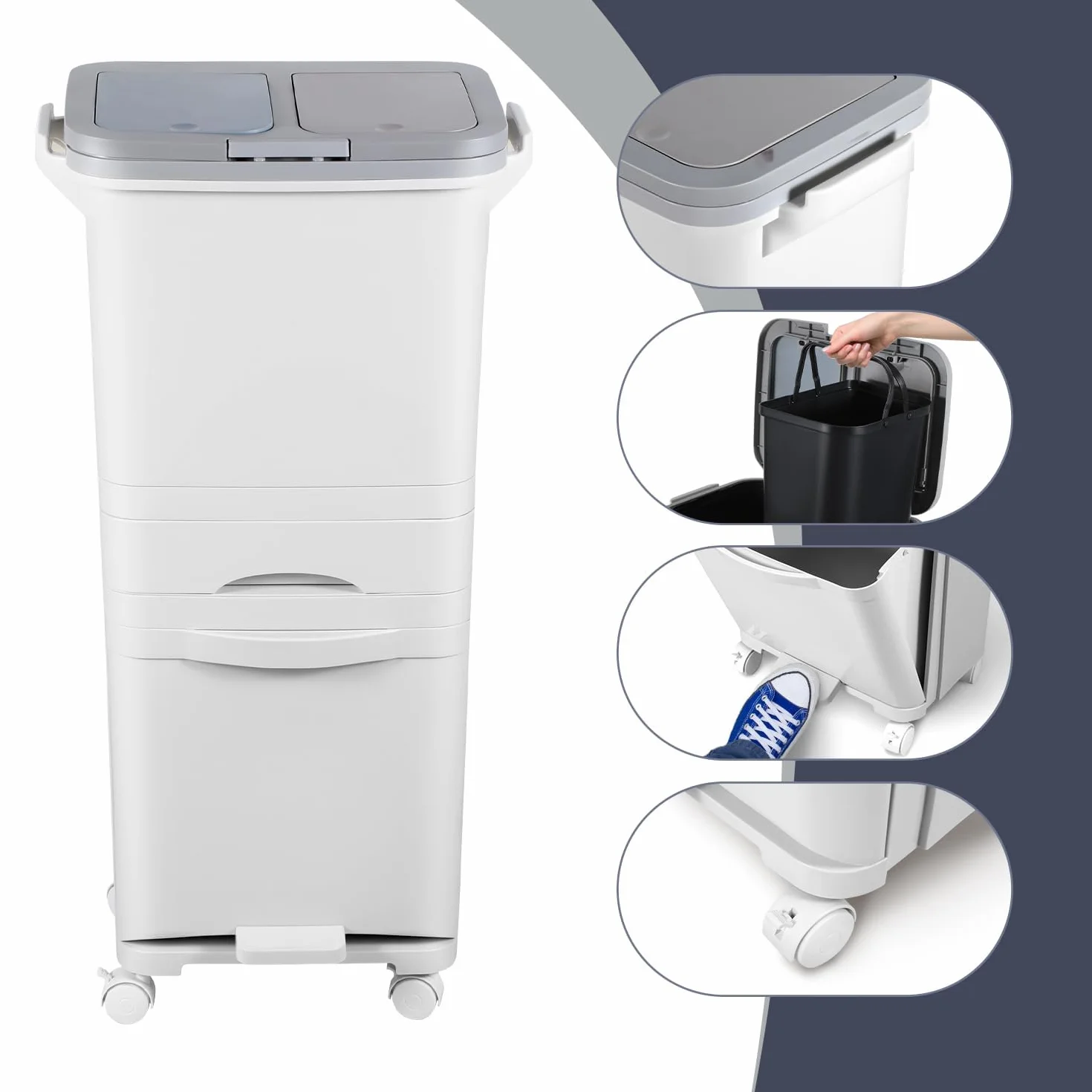 Pattumiera da cucina a 3 scomparti, 42 l, per separare il naso, da cucina con coperchio, pattumiera a pedale con coperchio su ruote, per cucina, appartamento, ufficio, bianco