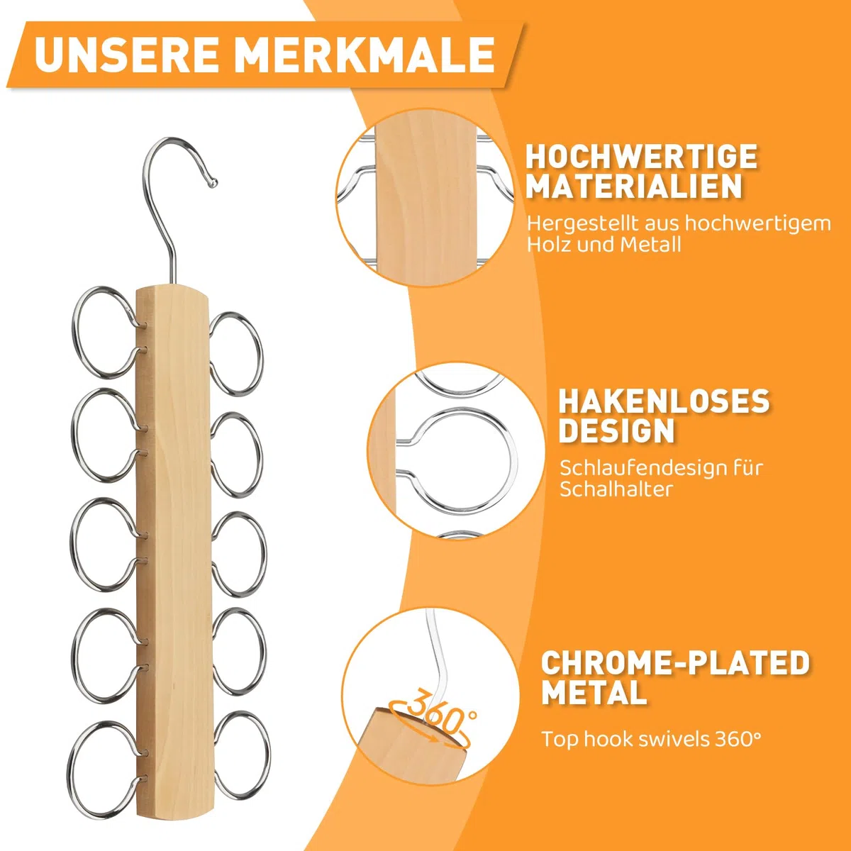 Supporto per sciarpe, in legno, con 10 fori, per guardaroba, cravatte, cinture, sciarpe, accessori (marrone, 2)