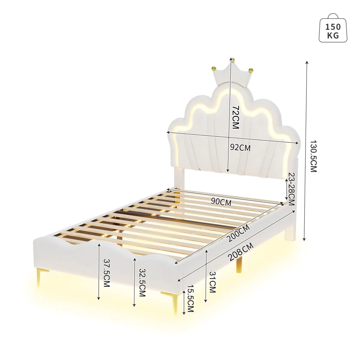 Lettino imbottito per bambini, 90 x 200 cm, con testa a LED e testiera regolabile, a forma di corona, letto singolo, per ragazzi, con rete a doghe (bianco D, 90 x 200 cm)