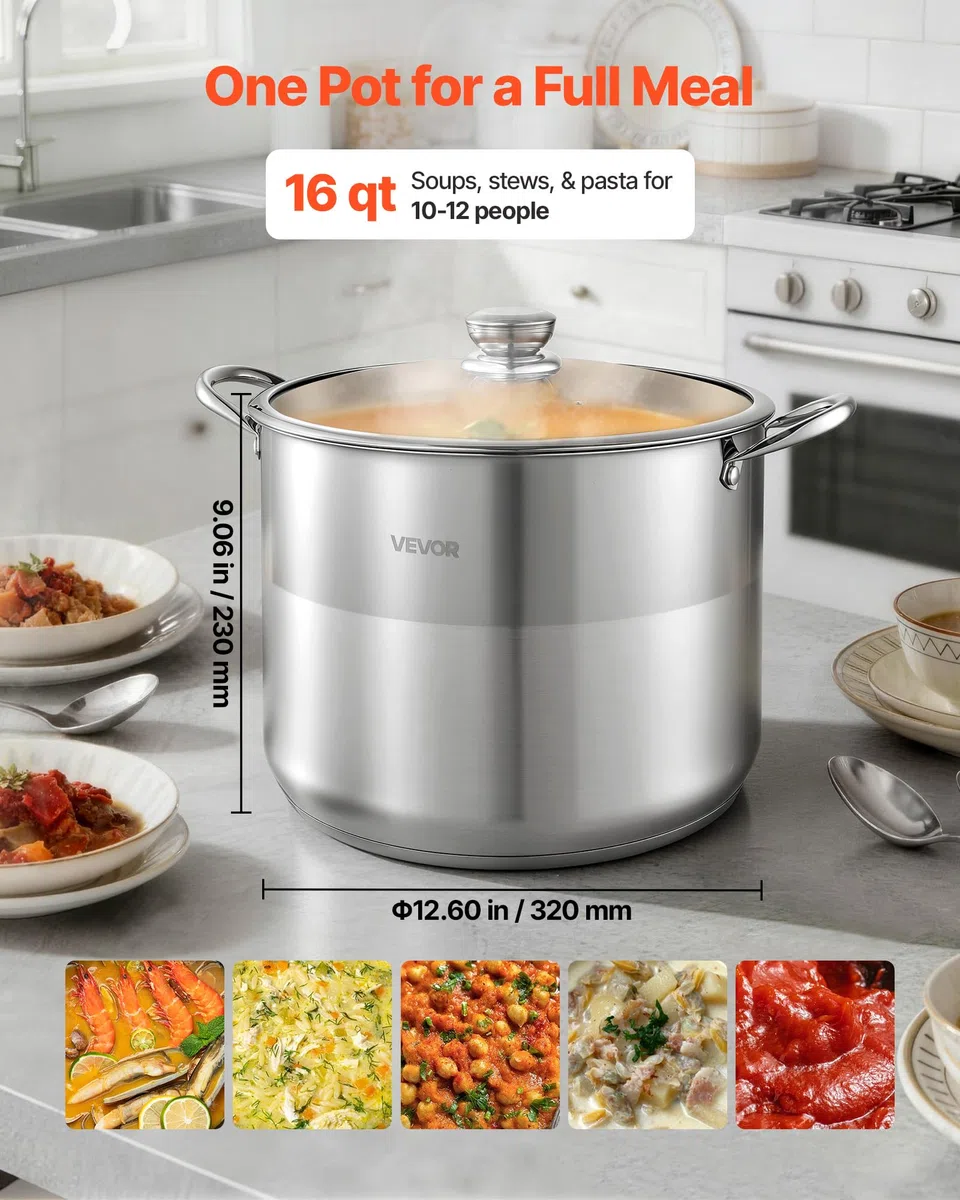 VEVOR Pentola in Acciaio Inox da 15,1 Litri, Casseruola in Acciaio Inox Ø 320x240 mm con Coperchio in Vetro per Cottura da Cucina Brodo, Pasta, Zuppa, Catering Ristorante, Piani Cottura a Gas