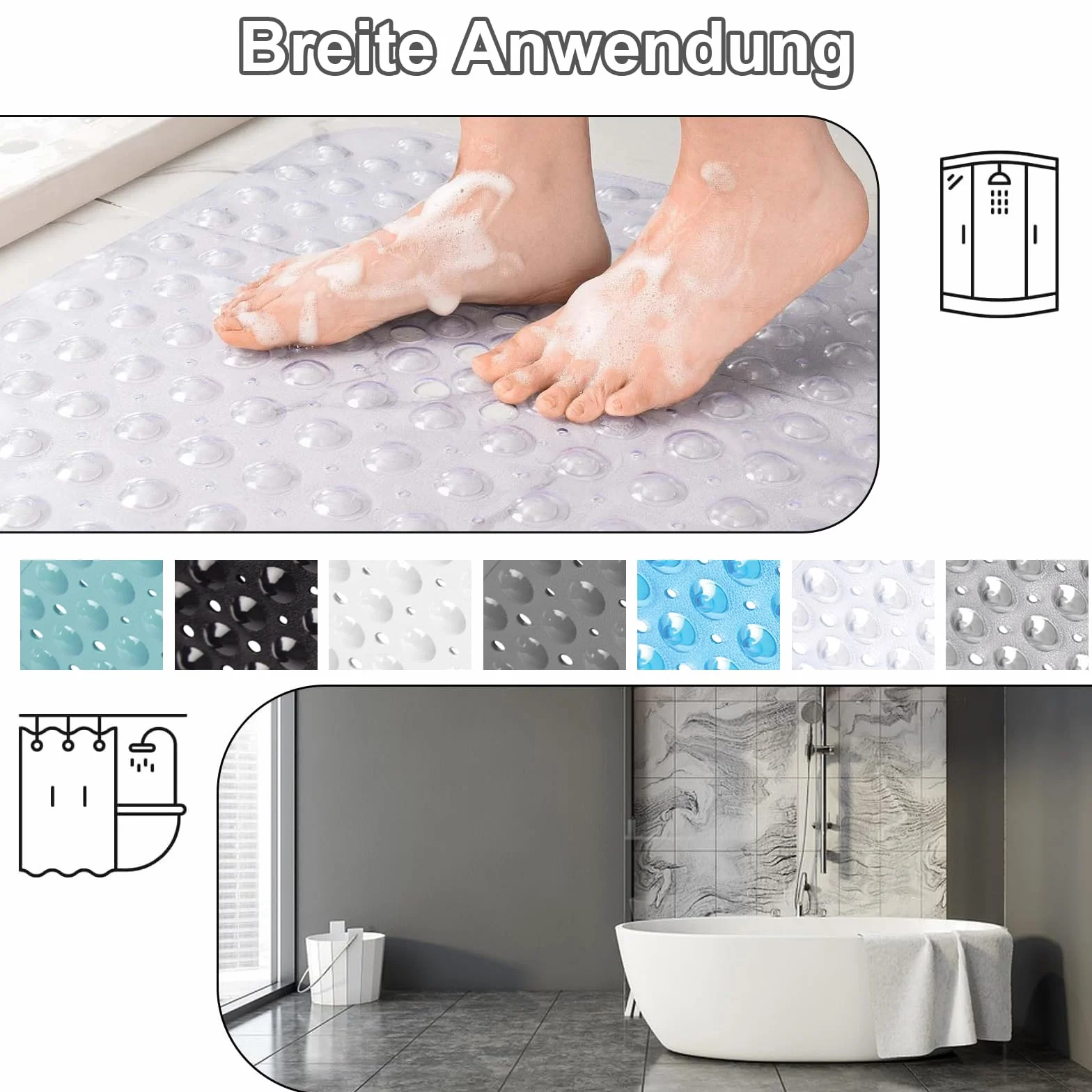 Tapis de Douche Antidérapant, 100x40cm Tappeto Doccia Extra Lungo Lavabile in Lavatrice, Tappetino da Bagno Antiscivolo con Ventose, Tappetino Massaggiante Antiscivolo per Doccia e Sauna, Bianco