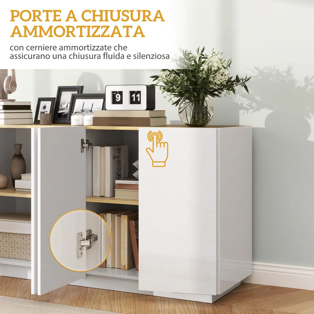 HOMCOM Credenza Soggiorno con Armadietti a 2 Ante, Madia Soggiorno Moderna con Ripiani Regolabili e Chiusura Ammortizzata, per Sala da Pranzo e Soggiorno e Salotto, 140x40x75 cm, Bianco Lucido