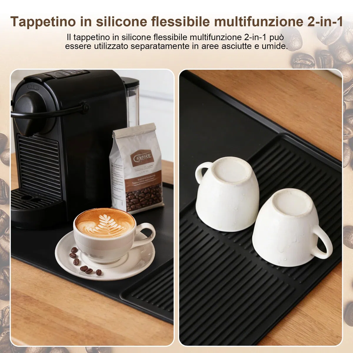 2 Pezzi Tappetino Cucina in Silicone | Tappetino Macchina da Caffè + Scolapiatti, 60x40cm Nero Assorbente, Accessori Cucina Pratici per Angolo Caffè
