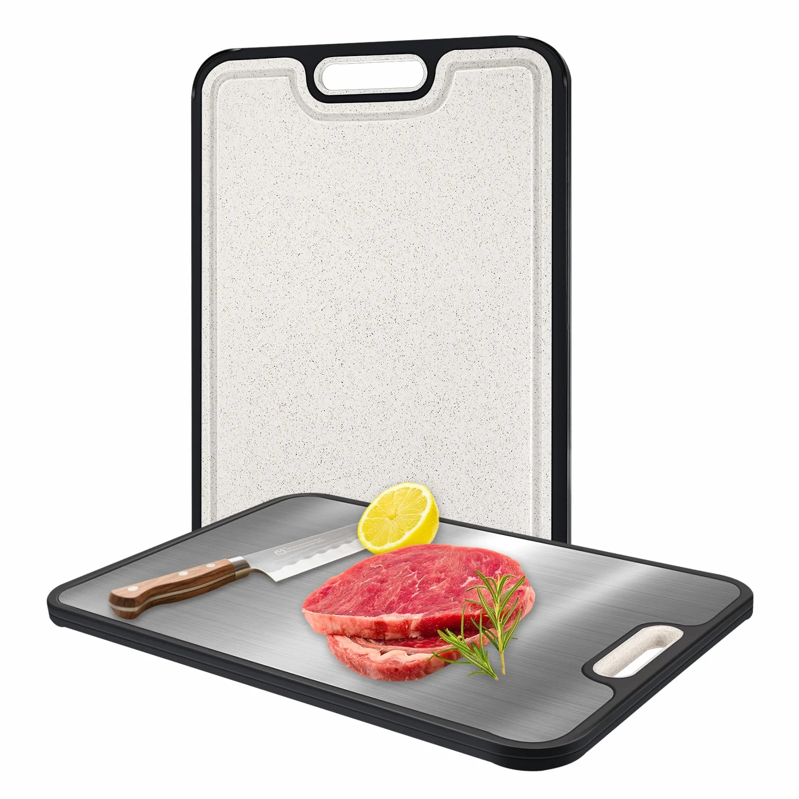 Zikenis Tagliere in Acciaio Inox Alimentare,Tagliere in Titanio per Cucina,con Design a Rete Antigraffio,Reishülsenfaser,antibakterielles Schneidebrett mit Scanalatura,rutschfester Griff,senza BPA