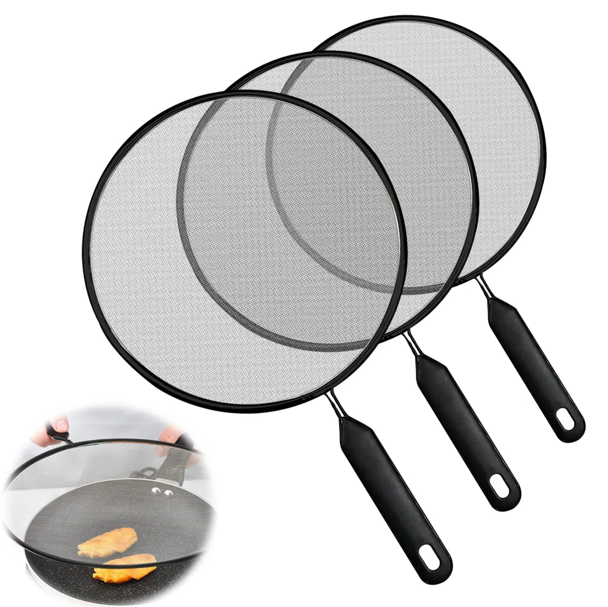 Set di 3 Coperchi Paraspruzzi in Acciaio Inox: Coperchio Paraspruzzi con Manico, Coperchio per Prove per Padelle, Diametro 21cm, 25cm, 29cm, Coperchio per Padella Anti-Spruzzi per Padelle