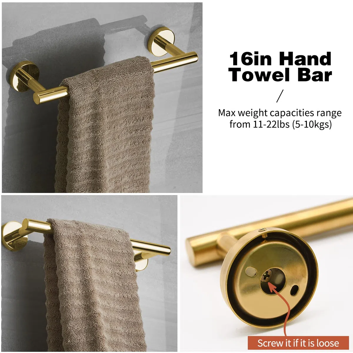 Set di 5 accessori da bagno in oro spazzolato, inclusi barre porta asciugamani da 40,6 cm, porta carta igienica, anelli per asciugamani, ganci per accappatoio