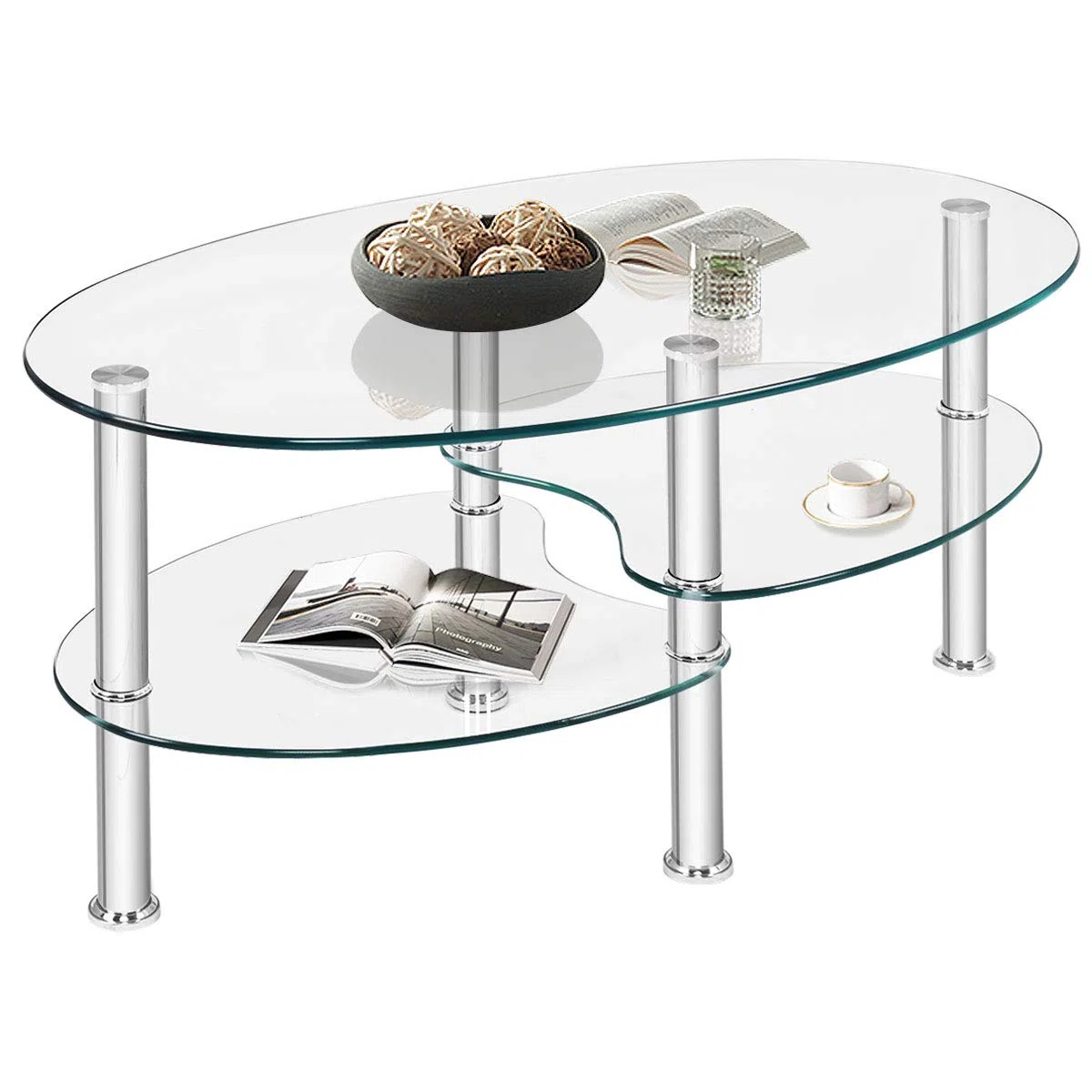 LIFEZEAL Tavolino da Salotto in Vetro Temperato, Tavolino Basso Ovale, Tavolino da Divano, Tavolino da Caffè, Telaio in Metallo, per Soggiorno, Max 70 kg, Montaggio Facile, Moderno, 90x50x45 cm