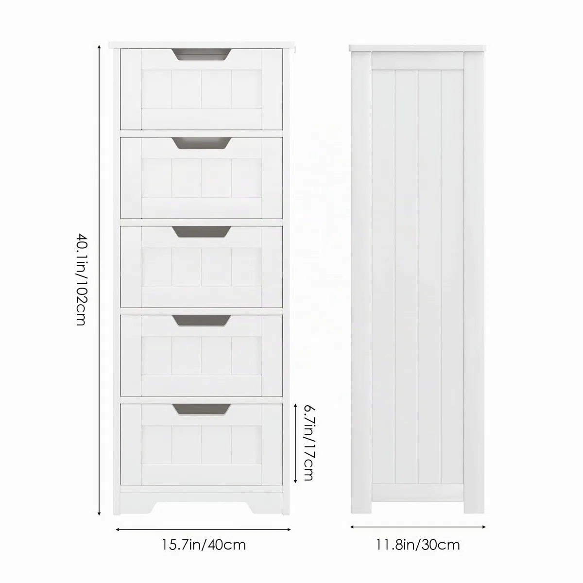 FOREHILL Mobile Bagno con 5 Cassetti,Cassettiera bagno in Legno,Armadietto Autoportante per Soggiorno, Cucina, Corridoio, Bagno 40x30x102cm Bianco