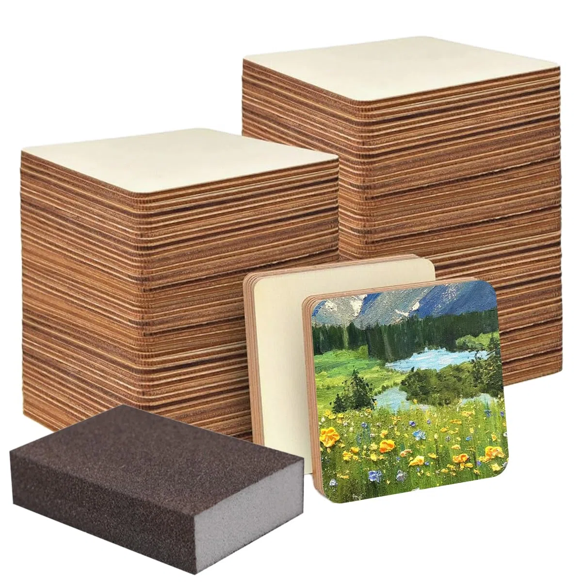 150 Pezzi Quadrati Legno Grezzo, 5x5 cm Fette di Legno Quadrato, Spessi 2.5 mm, con Blocco di Levigatura, per Scolpire, Dipingere, Decorar, per Fai-da-Te, Artigianato, Pittura, Decorazione Della Casa