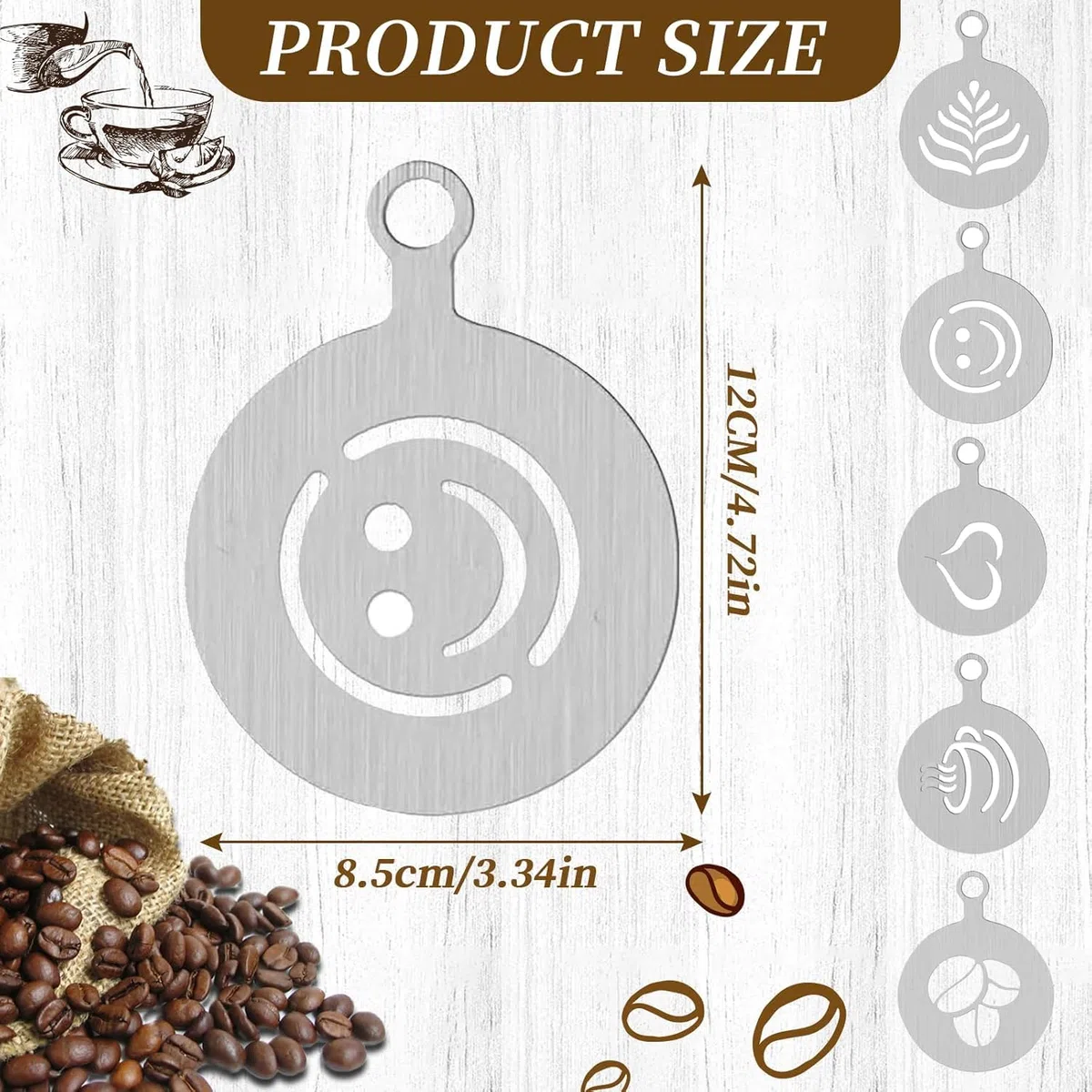 5 stencil per caffè in acciaio inox, cappuccino, barista, stencil per decorazione del cacao, accessori per il caffè fai da te