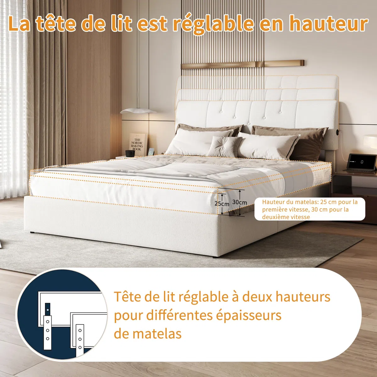 BRILVERDE Letto matrimoniale 140 x 190 con vano portaoggetti con USB, letto cassettiera con rete a doghe e testiera imbottita, per adulti e adolescenti, in pile Teddy (beige, 140 x 190 cm)