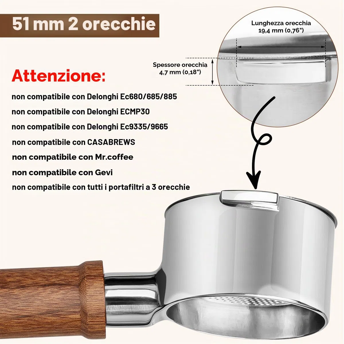 DeLonghi ECP3420/EC155/BCO430/EC260 - Portafiltro senza fondo da 51 mm, con schermo a disco e cestello filtro in 100% acciaio inossidabile, manico in noce