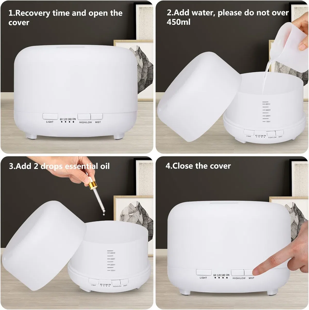 SQUADO Diffusore aromi Oli Essenziali da 500 ml con illuminazione LED 7 colori e timer, umidificatore per casa, camera da letto, soggiorno, bagno, ufficio, Yoga Spa