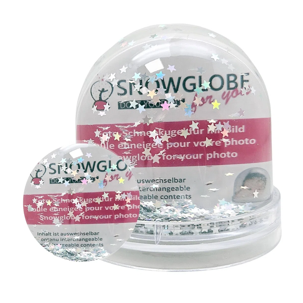 Globo di neve grande | contenuto argento stelle | con 2 x immagini | base trasparente | sfera di neve glitter | larghezza 9 cm altezza 8 cm 2 pagine da colorare | cornice regalo foto | 50011