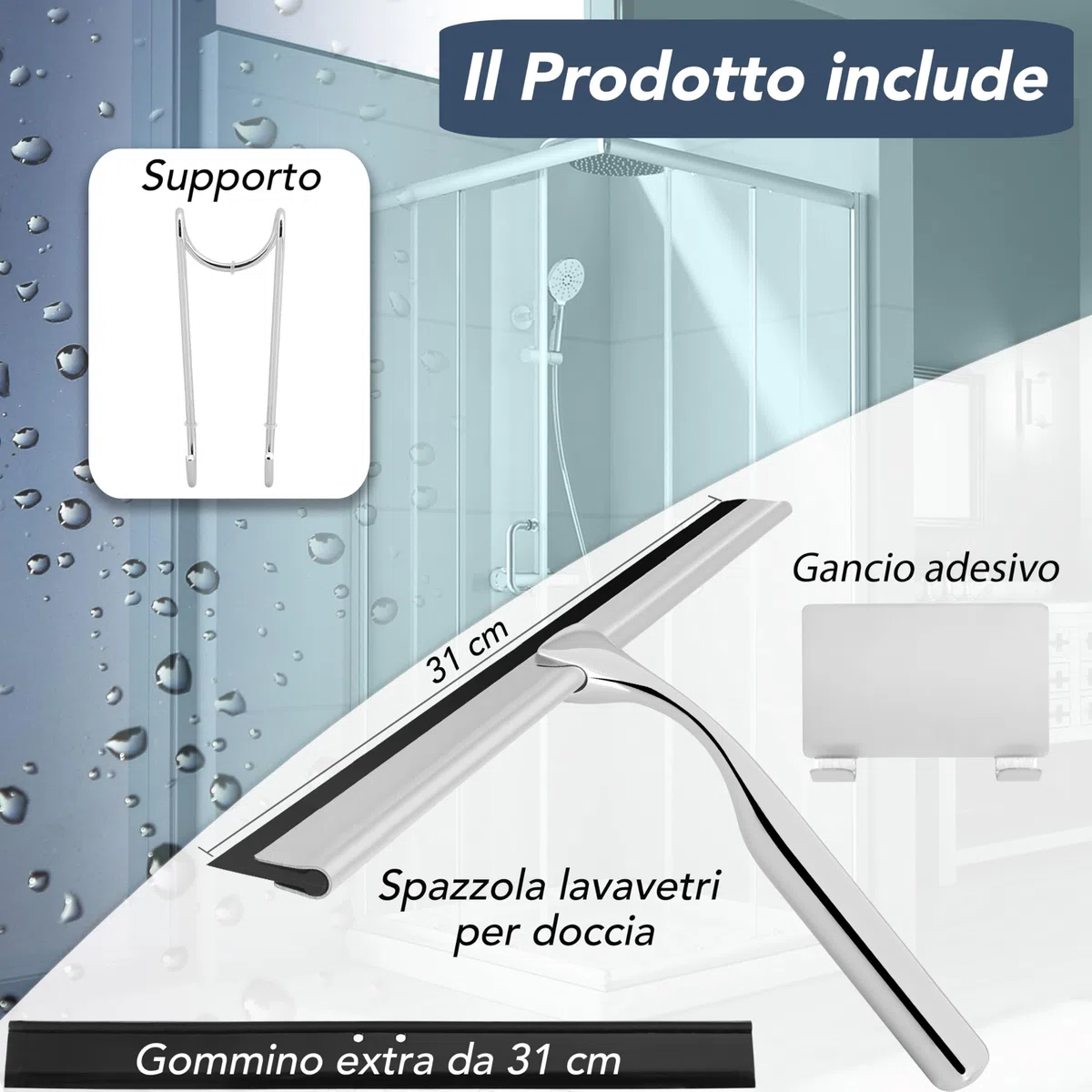 Tergivetro Doccia 31 cm kowald in Acciaio Inox | Kit Professionale con 2 Ganci e Gomma di Ricambio | Tergicristallo Extra Largo per Vetri e Piastrelle