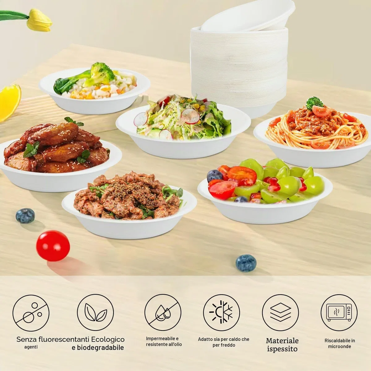 KITDAHOM 50 ciotole di carta usa e getta – 680ML Ciotole usa e getta (23oz) – Piatti Carta Usa e Getta – ciotole per zuppa per feste e picnic – senza plastica e biodegradabili