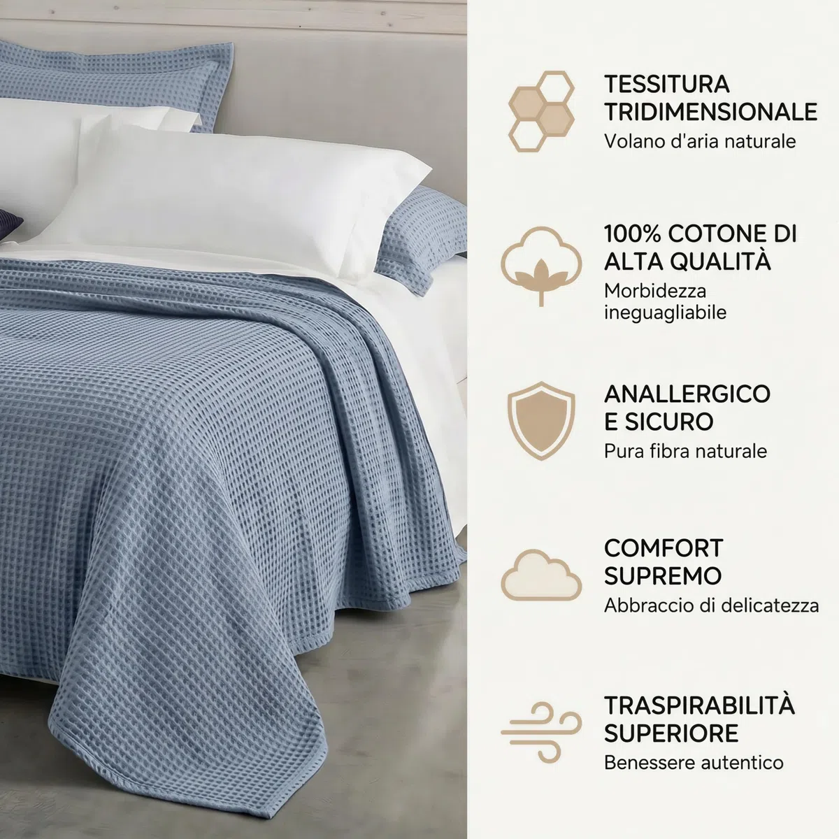 Mahome Copriletto Nido d'Ape Matrimoniale in 100% Puro Cotone di Alta Qualità 260x260 cm, Coperta Estiva Primaverile Leggera e Traspirante, Tinta Unita Elegante Morbido (Azzurro Polvere)