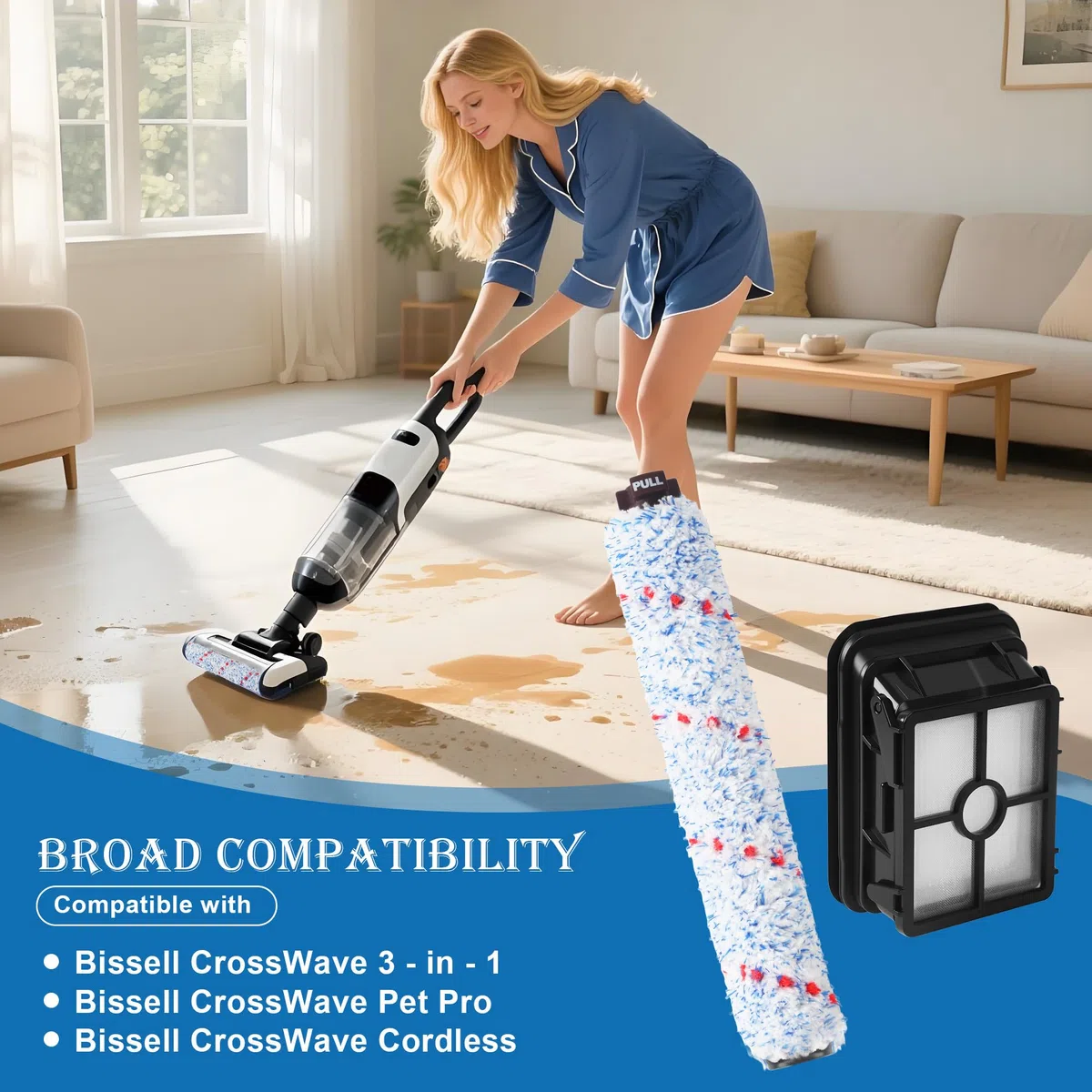 Fictezlove Accessori per Bissell Crosswave 3 in 1,3 Spazzole a Rullo e 3 Filtri di Ricambio e 1 Spazzola per Aspirapolvere Bissell CrossWave 17132 2225N 1785 1866F 1868F 2303 2306A 2306 Series