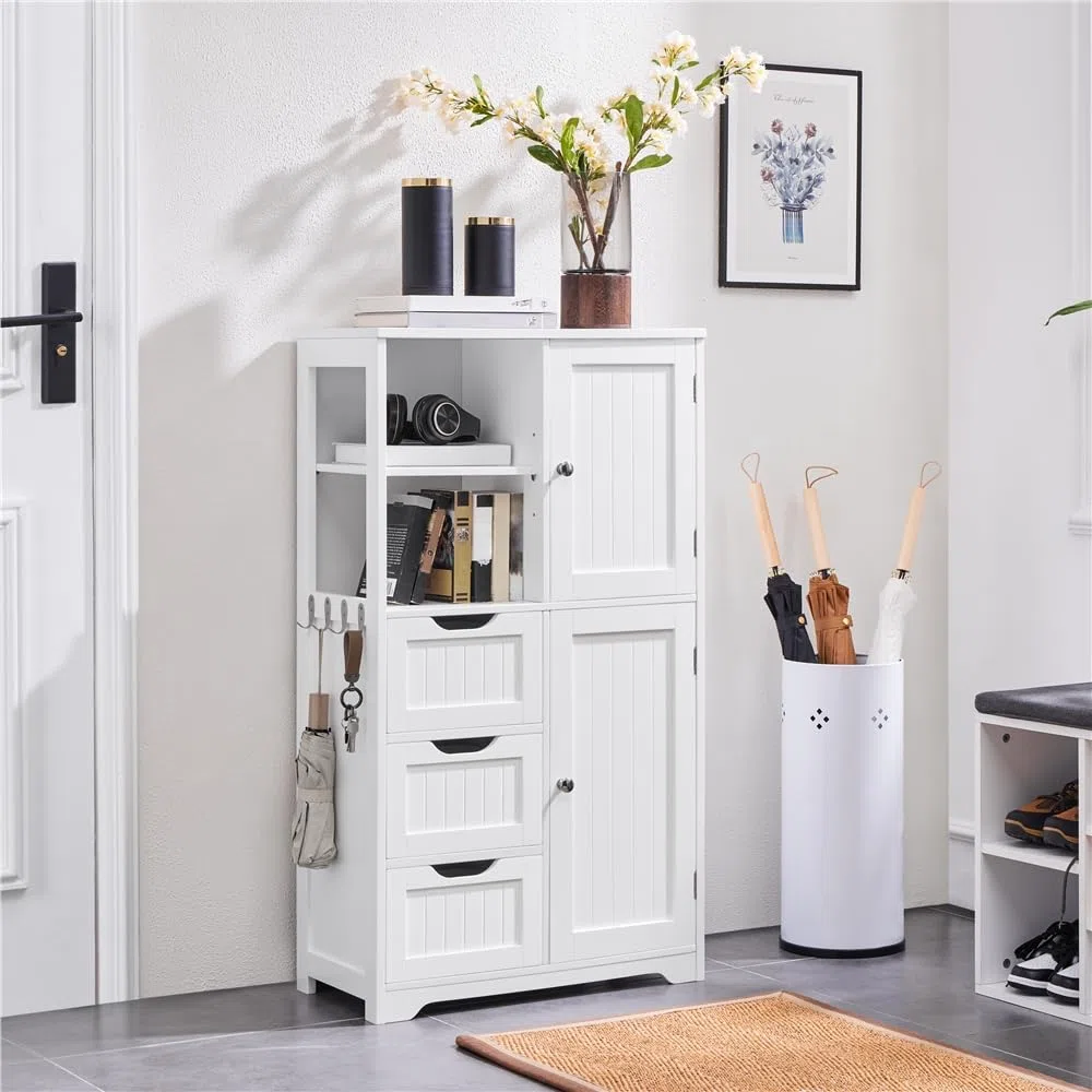 Yaheetech Mobile da Bagno Bianco Mobiletto da Terra con 3 Cassetti e Armadietto Mobile con Ganci Portaoggetti Armadietto Moderno 60 x 30 x 107 cm