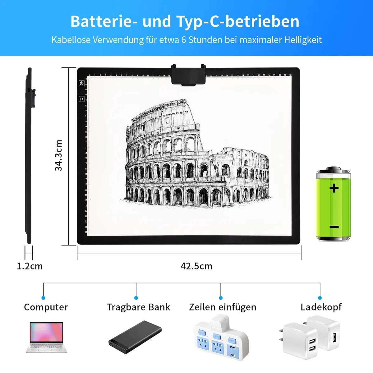 Tavolo luminoso ricaricabile A3 con borsa, senza fili, funzionamento a batteria, 3 colori dimmerabili e 6 piastre luminose dimmerabili per disegno, Diamond Painting, pittura, visione a raggi X