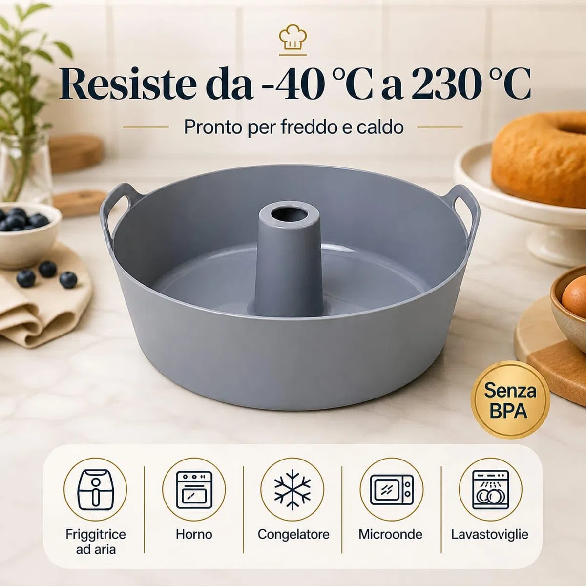 Stampo in silicone per dolci e ciambella 21 cm | Teglia savarin antiaderente forno e friggitrice ad aria | Tortiera senza BPA, facile da sformare