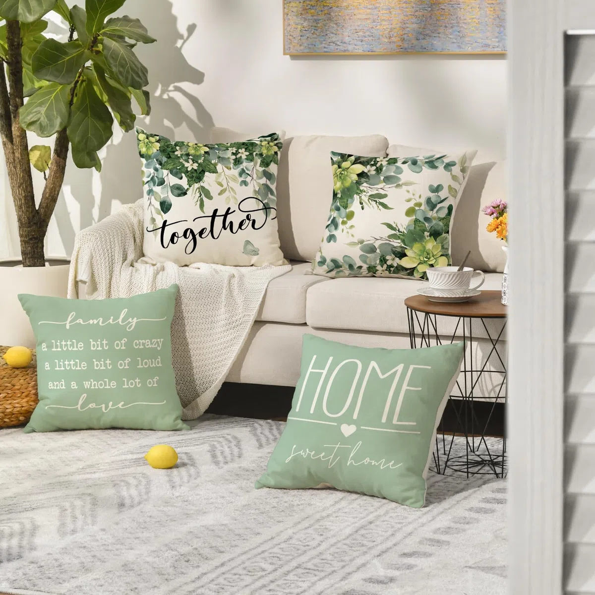 Artoid Mode Family Love - Set di 4 federe estive con foglie di eucalipto, 40 x 40 cm, per la primavera e la casa, decorazione