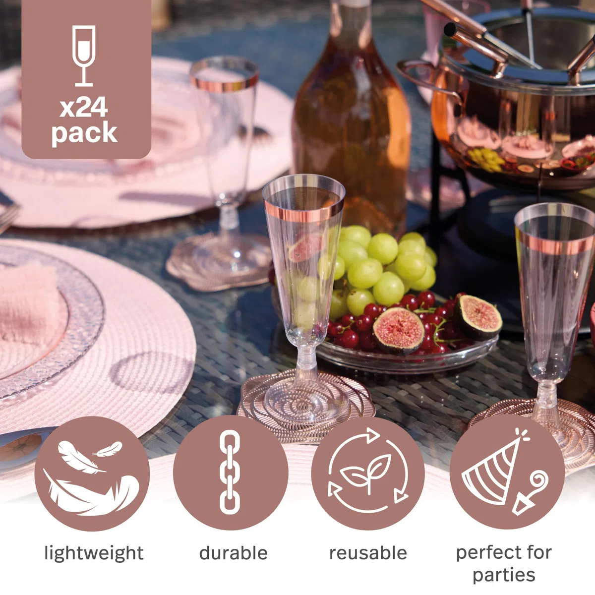Matana - 24 Eleganti Flûte in Plastica con Bordo Oro Rosa, 150ml - Flûte per Champagne, Calici in Plastica Rosa, Bicchieri per Spumante per Matrimoni, Addio al Nubilato - Resistenti e Riutilizzabili