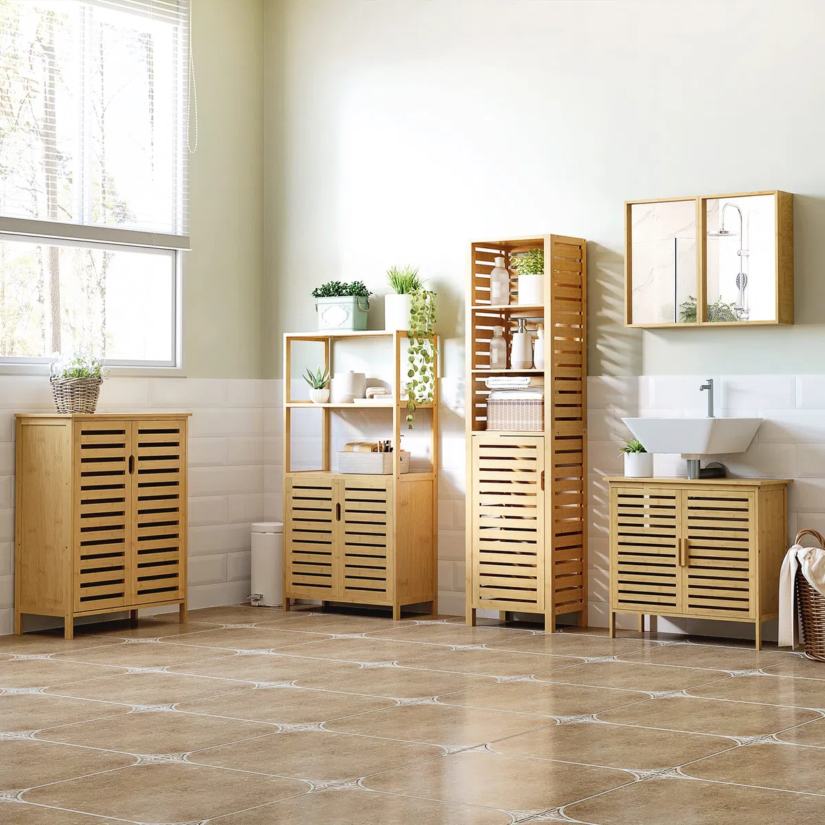 kleankin Mobiletto Bagno con 2 Ripiani Aperti e Armadietto a 2 Ante, Mobile Salvaspazio in Bambù 60x30x120cm, Naturale