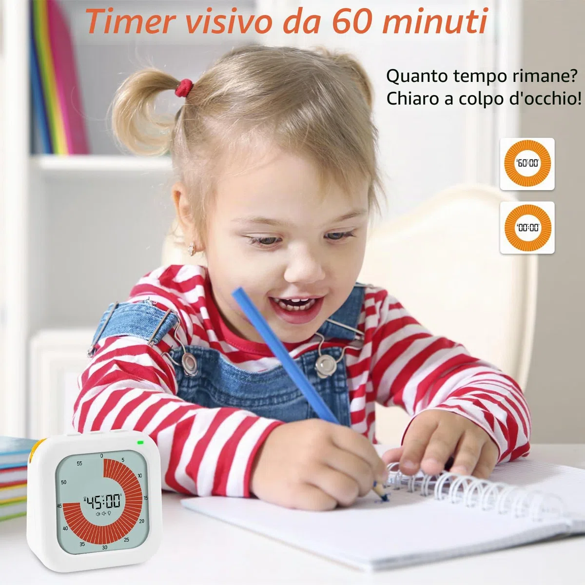 Timer Visivo per Bambini Time, 60 Minuti Digitale Timer da Cucina Pomodoro, Adatto a Varie Occasioni come Cucinare, Cuocere al Forno, Sport, Esami, Giochi, Viene Fornito con 2 Batteria