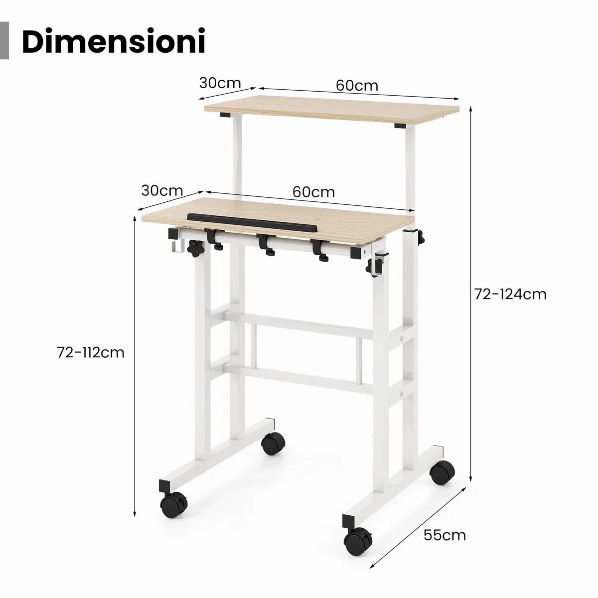 COSTWAY Scrivania per Computer Regolabile in Altezza, Postazione di Lavoro per Computer con Ruote e Ganci, Tavolo Porta PC per Studio e Ufficio, 60 x 60 x 72-124 cm (Naturale)