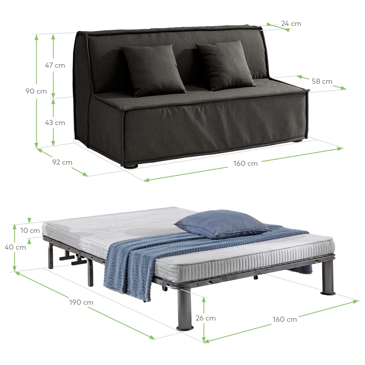 EVERGREENWEB Divano Letto 3 Posti con Materasso Matrimoniale 160x190 Ortopedico Prontoletto RICHIUDIBILE con Rivestimento SFODERABILE e Lavabile, Coppia Cuscini SUPERSOFT Abbinati, Grigio Scuro, ELLEN