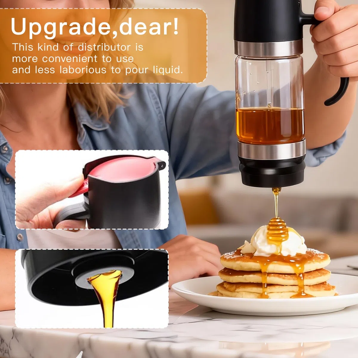 350ml Dosatore Miele in Vetro, Contenitore Dispenser Miele Antigoccia con Manico per Miele Sciroppo Caffè E Altri Liquidi Per Desser