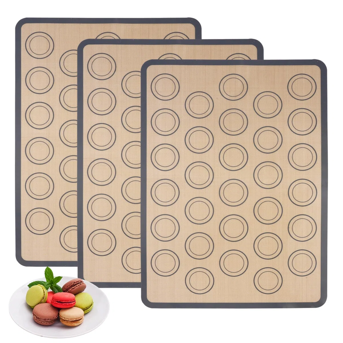 3 Pezzi Tappetino Silicone Macaron 42x29,5 cm,Tappetino da Forno Macaron | Tappetini da Forno Antiaderenti In Tessuto Di Fibra Di Vetro con 30 Anelli Guida, Senza BPA per Biscotti, Dessert, Fudge