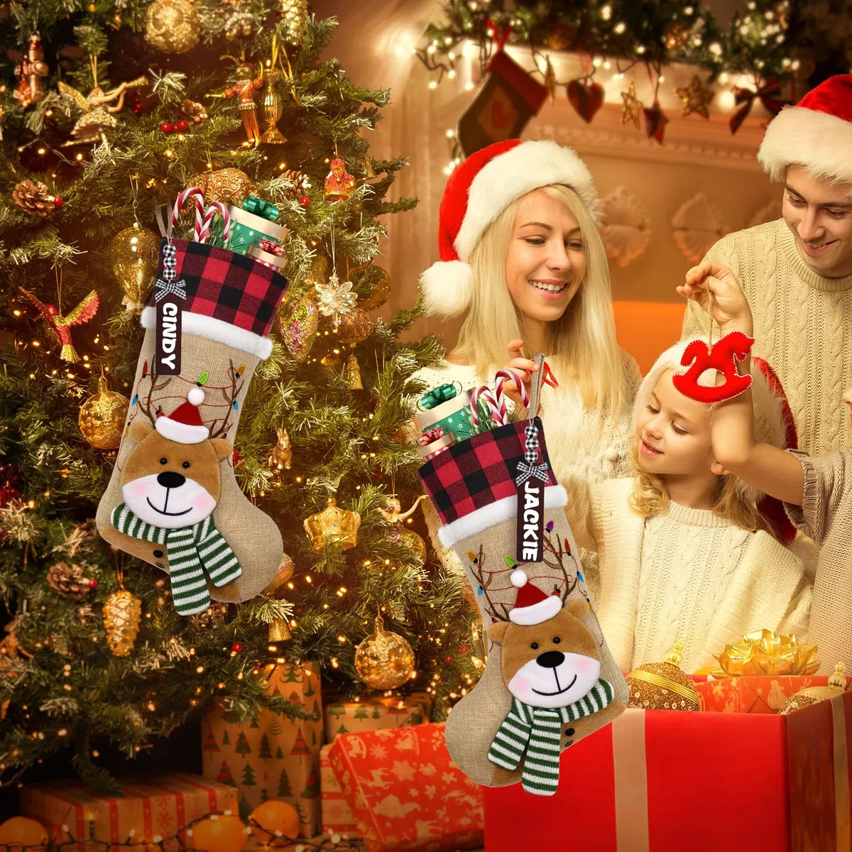 Calze di Natale, Calze Natalizie da Appendere,Calza Natale Personalizzata con 3D Renne, Decorazioni Natalizie Calze Natalizie per Casa, Camino, Albero di Natale