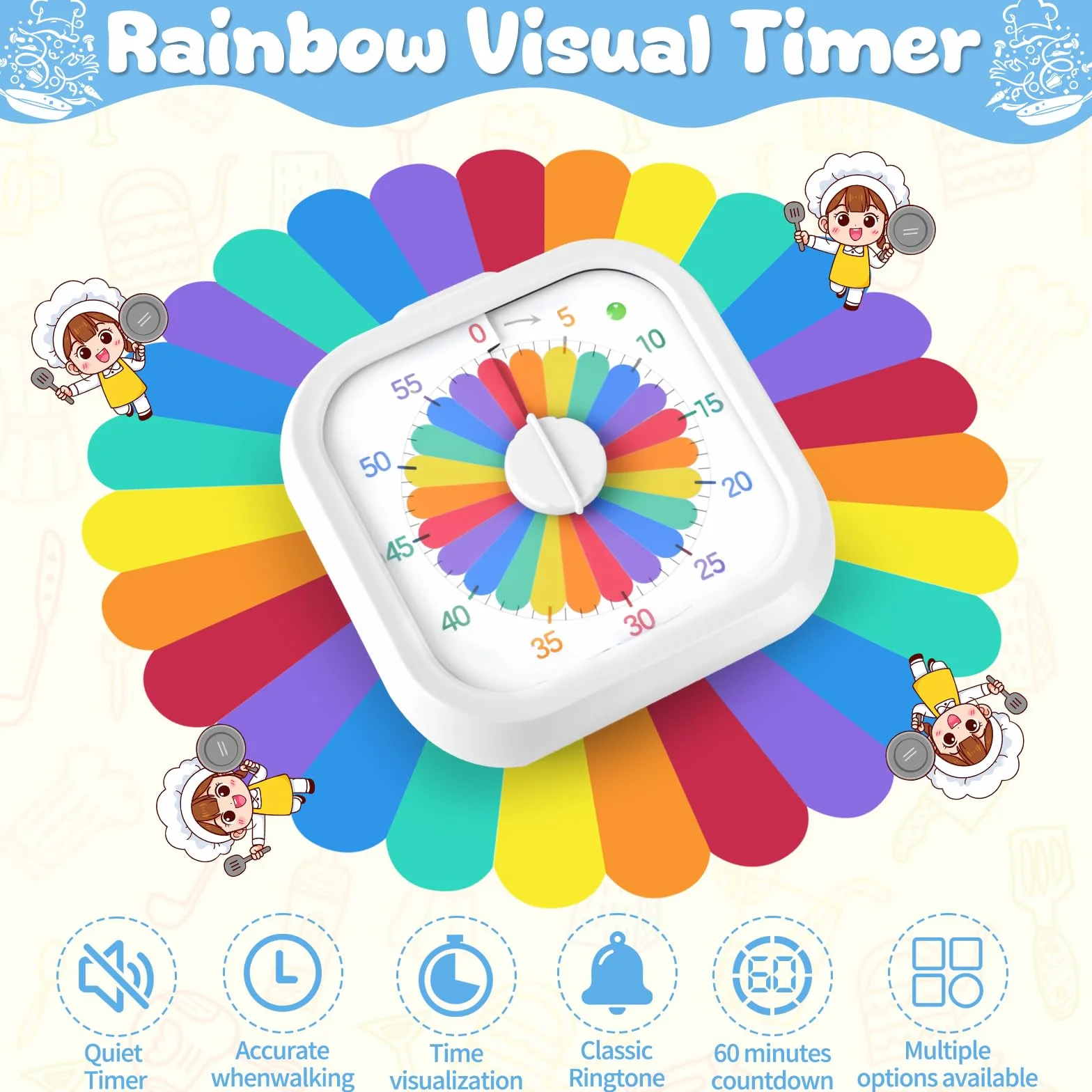 Timer Visivo Rainbow, Timer con Conto Alla Rovescia da 60 Minuti| Funzionamento silenzioso con allarme opzionale | Ideale per aule scolastiche studio cucina ufficio domestico e gestione del tempo