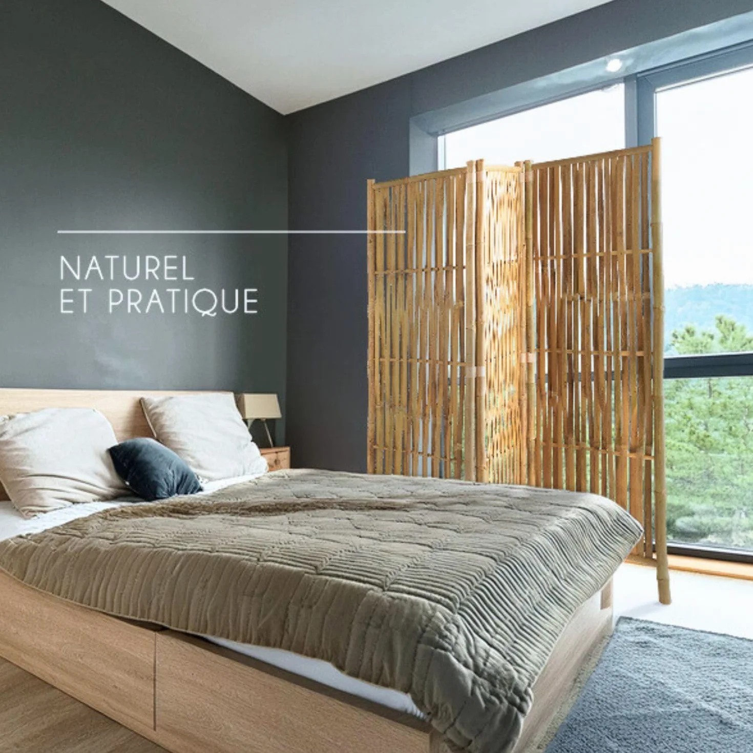Box & Beyond - Paravento da interno - 160 x 139 cm - Separatore di stanza in bambù naturale - 3 pannelli - Paravento per camera da letto, soggiorno - divisorio amovibile