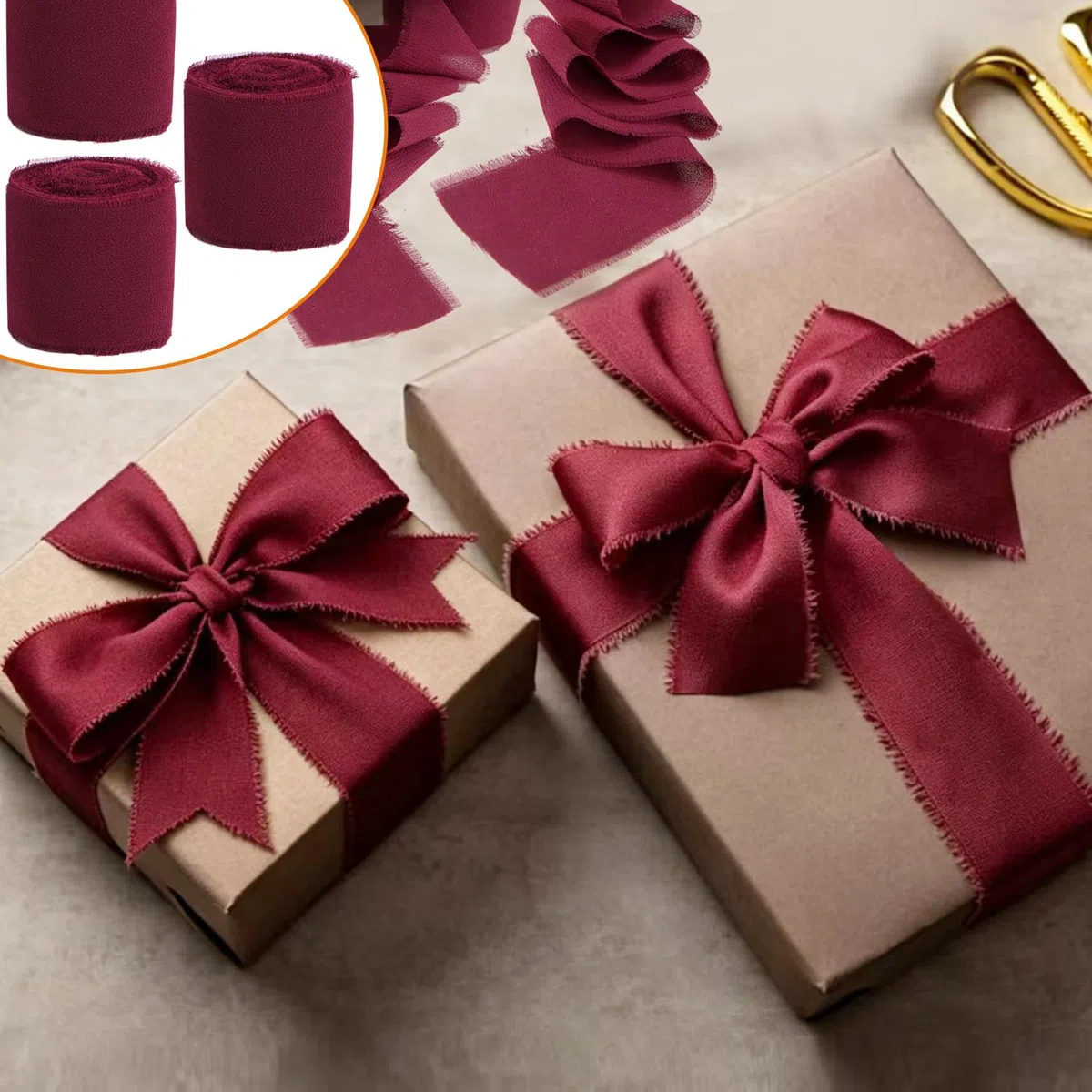 4PCS Nastro Chiffon Rosso Vino, 4 cm nastro regalo vino rosso matrimonio nastro chiffon bordeaux Nastri Vintage Chiffon per Bouquet da Sposa, Confezione Regali