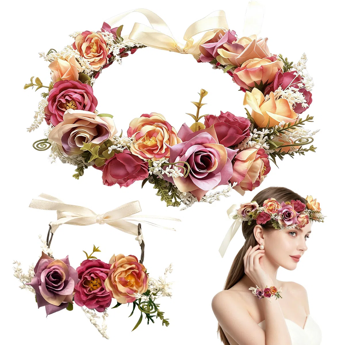 TZEKING Ghirlanda di Fiori e Bracciale Set, Corona di Fiori per Capelli con Fascia Regolabile, Coroncina per Sposa e Damigella, Adatto per Adulti e Bambini, per Matrimonio, Festa, Festival, Spiaggia