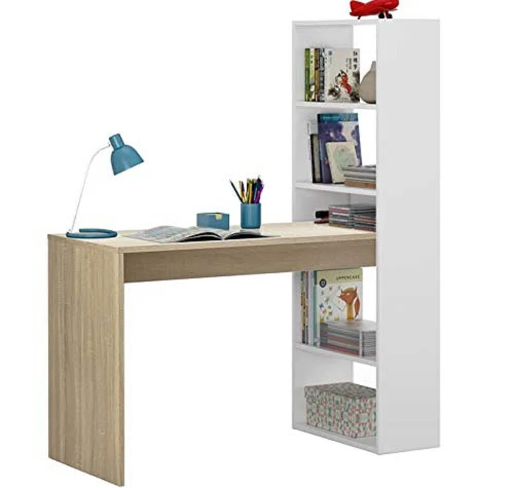 Dmora - Scrivania Denton, Scrittoio multifunzione reversibile con libreria 5 ripiani, Tavolo da studio o ufficio porta PC portalibri, 120x53h144 cm, Bianco e Rovere