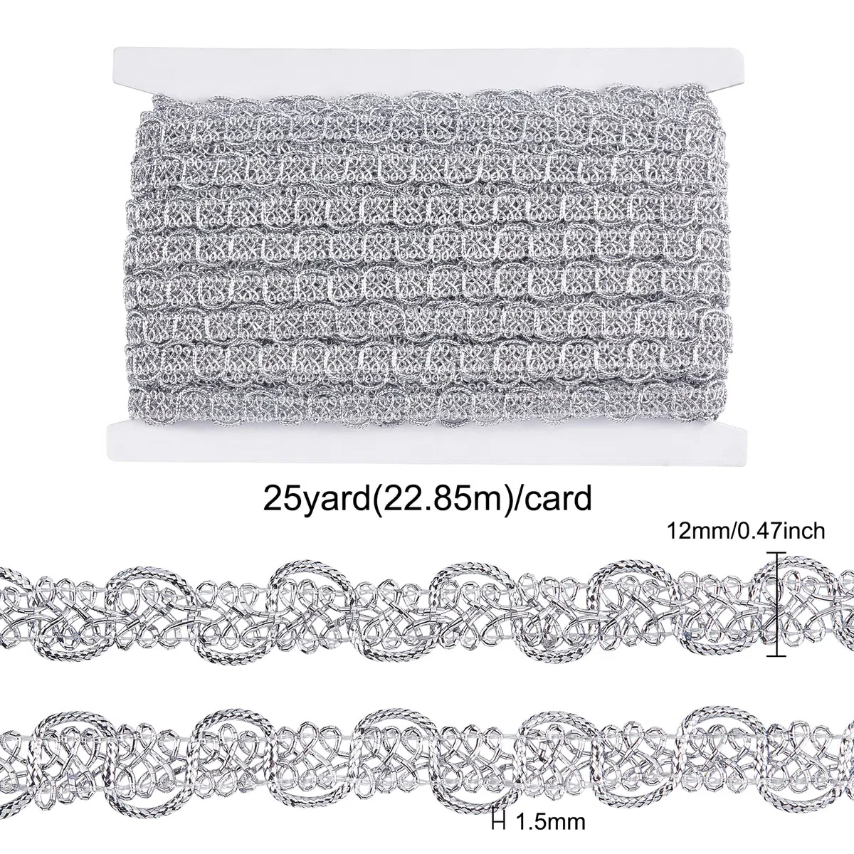 FINGERINSPIRE 25 Yards Metallic Treccia Pizzo Trim, Motivo Foglia 12x1.5mm Argento Millepiedi Pizzo Nastro Decorato Gimp Trim per Matrimoni, Costumi o Gioielli, Artigianato e Cucito