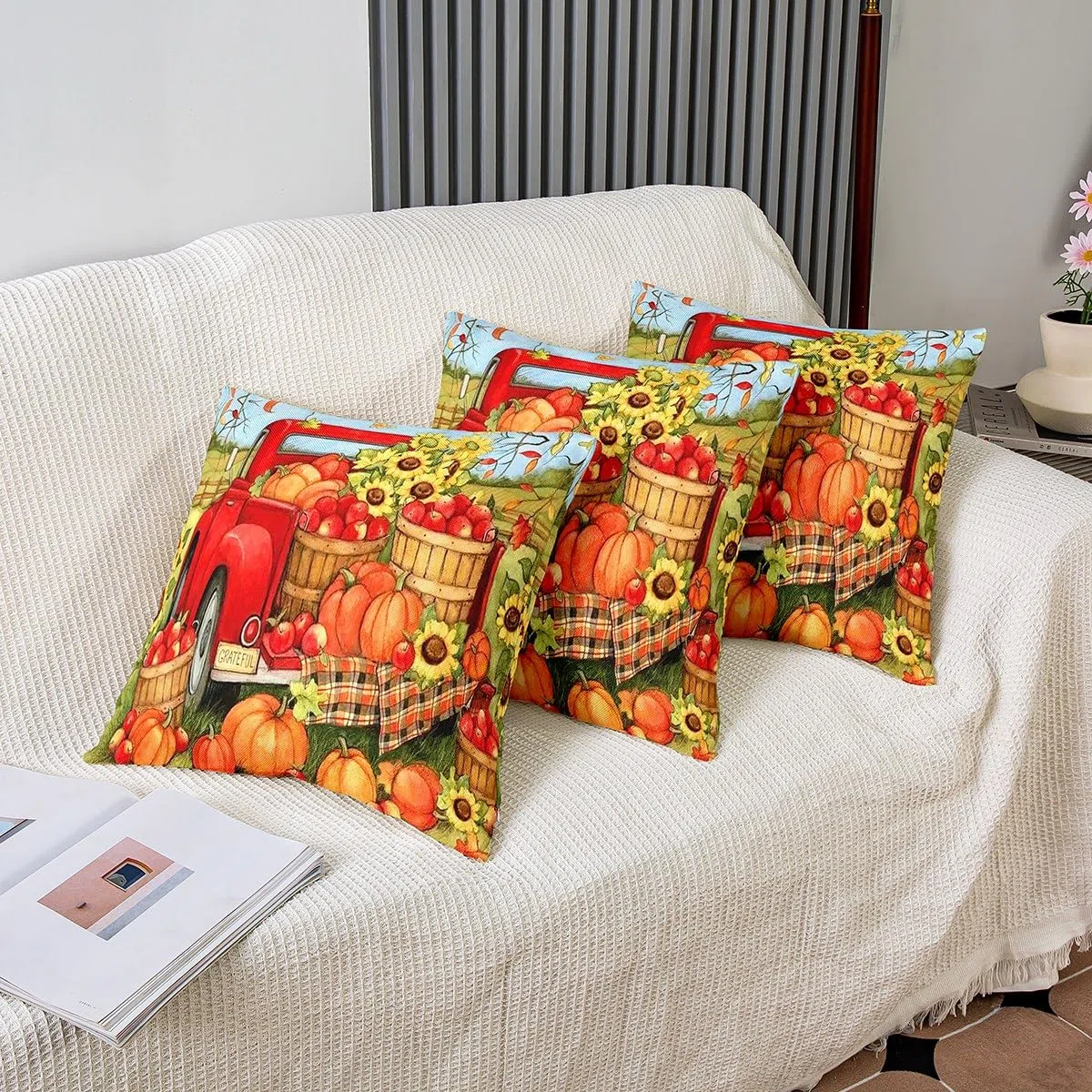 Homemissing Federe per cuscini autunnali con zucca di fattoria, 45,7 x 45,7 cm, morbide per bambini, Happy Thanksgiving decorative, federe per cuscini autunnali rosse