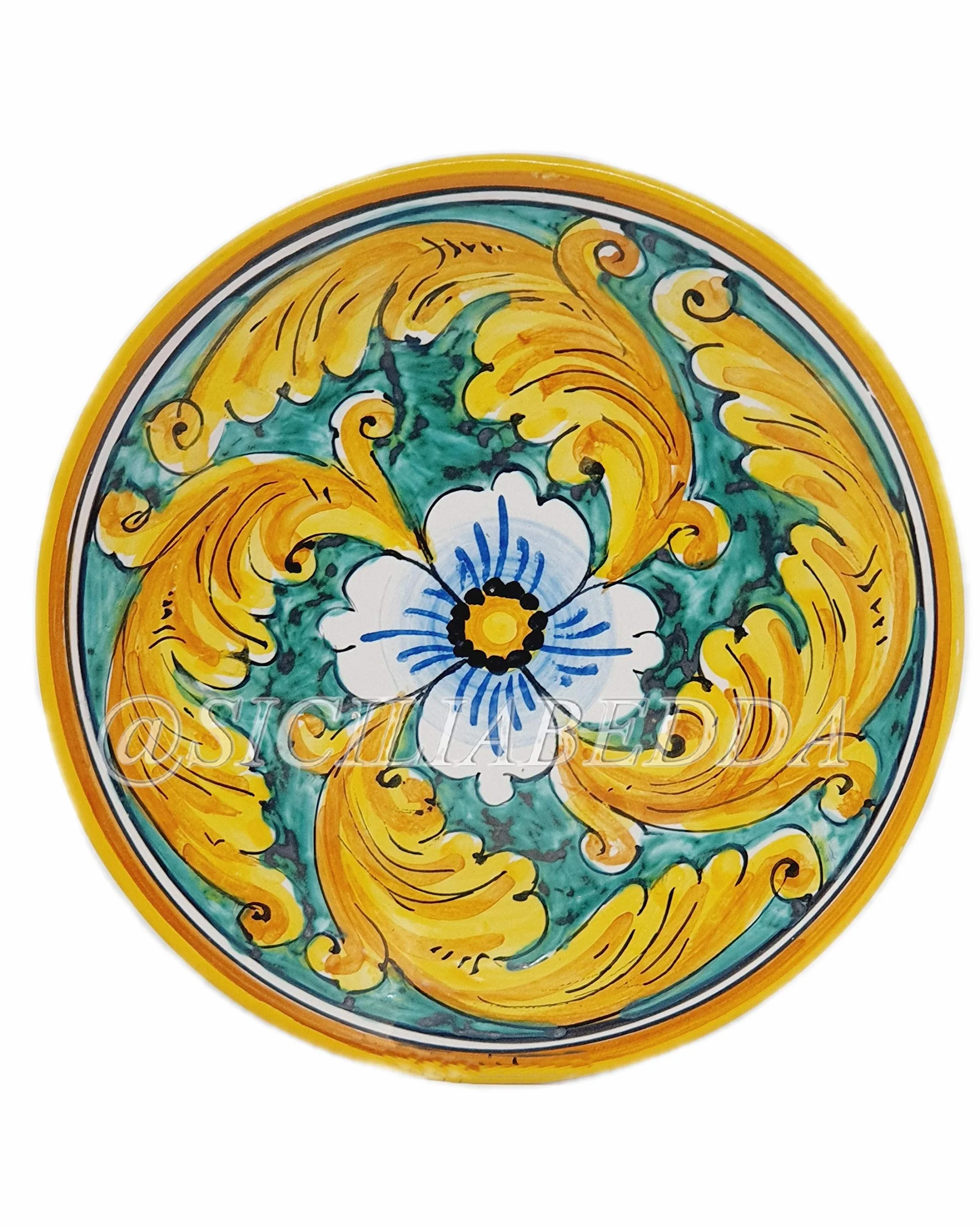 Piatto in Ceramica Siciliana Decorazioni Maioliche Dipinto a Mano Fiore Giallo Diametro 12 cm