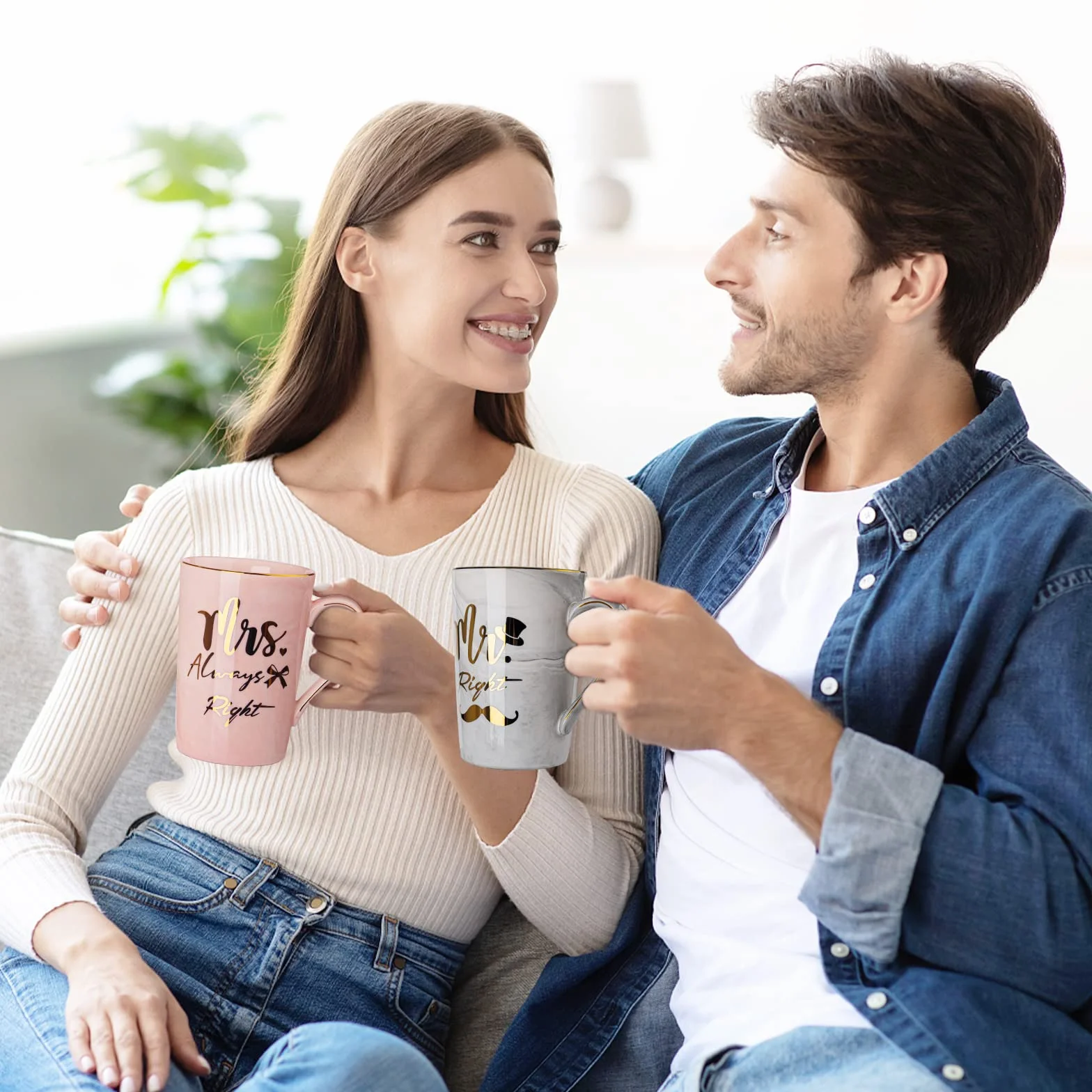 Regali di nozze per la sposa e lo sposo, regali di fidanzamento, regali di matrimonio, 396.9 g, in marmo ceramico Mr Right e Mrs Always Right, adatto al microonde, regalo di nozze per coppie