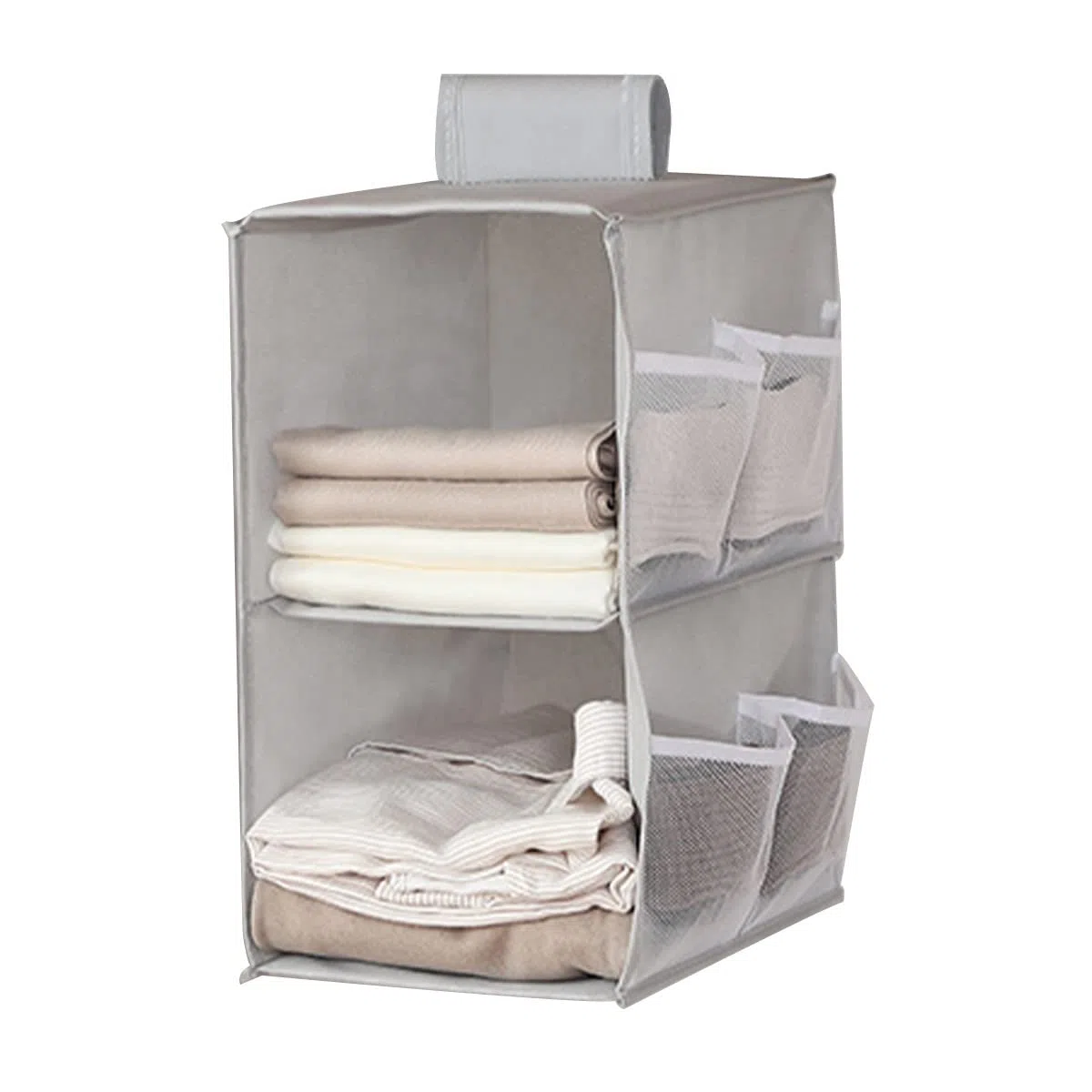 Organizer per Armadio Pensile, Organizzatore Armadio Interno, Pieghevole Portattuto da Appendere con 2 Scomparti 6 Tasche Laterali a Rete, 30 * 22.5 * 80cm (Grigio Due Strati)