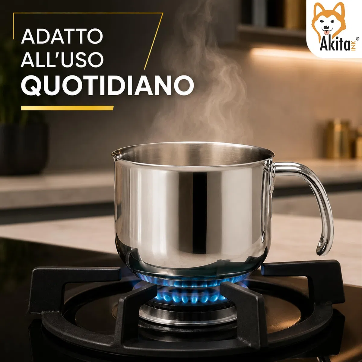 AkitaInk Bollilatte 12 cm in Acciaio Inox, Pentolino per Latte e Salse, Resistente e Pratico per Piccole Preparazioni in Cucina