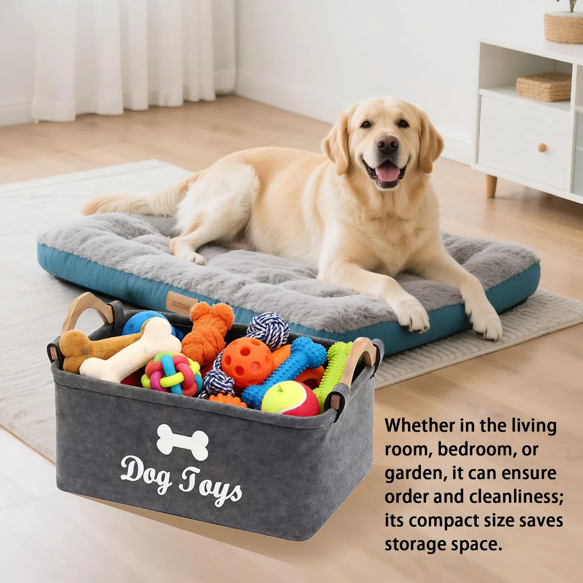 Cestino per giochi per cani, 38x25x18 cm, in materiale feltro, con manico e design a ossa, perfetto per soggiorno, camera e giardino