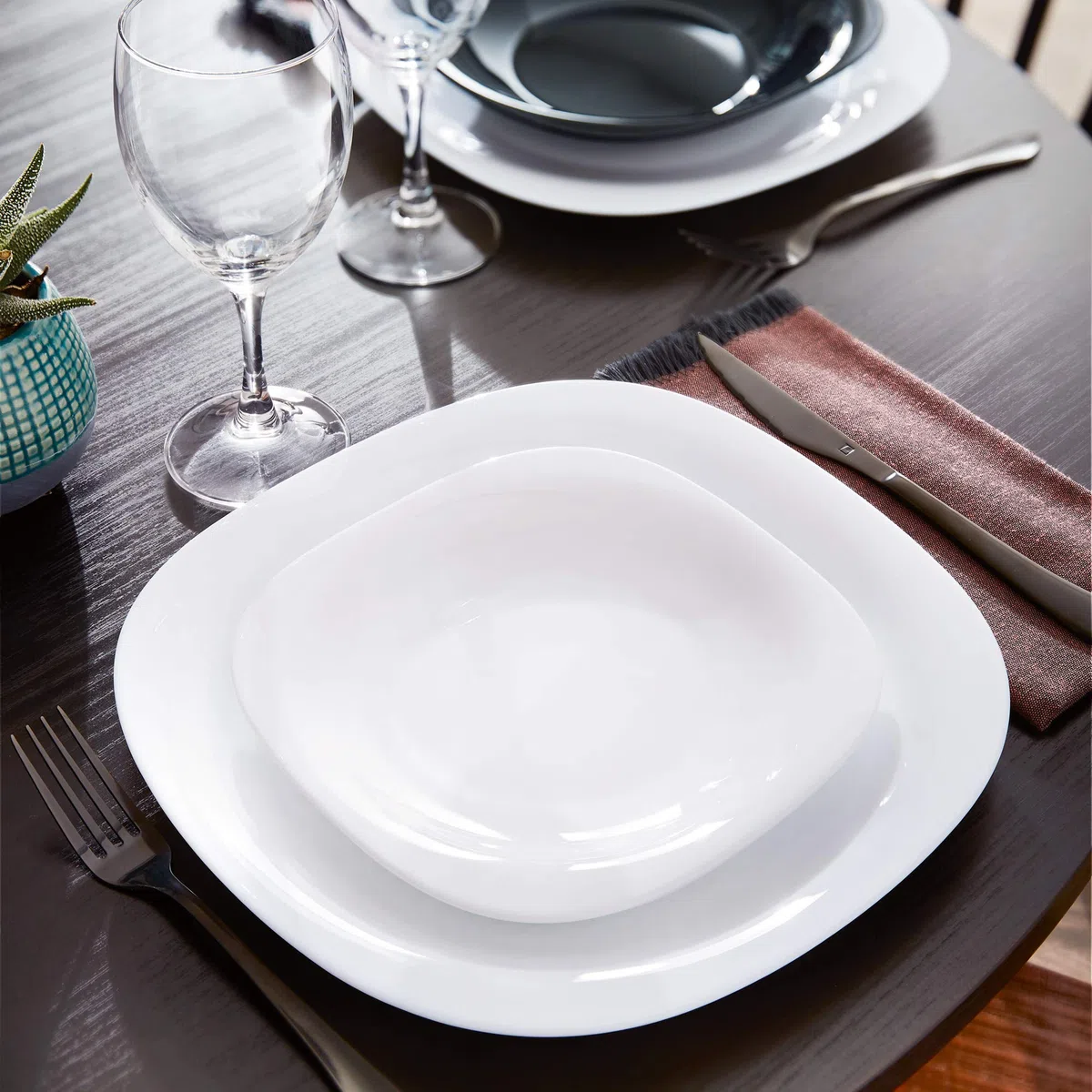 Luminarc Carine - Servizio da tavola quadrato in vetro opale, 18 pezzi, set da tavola (18 pezzi, bianco)
