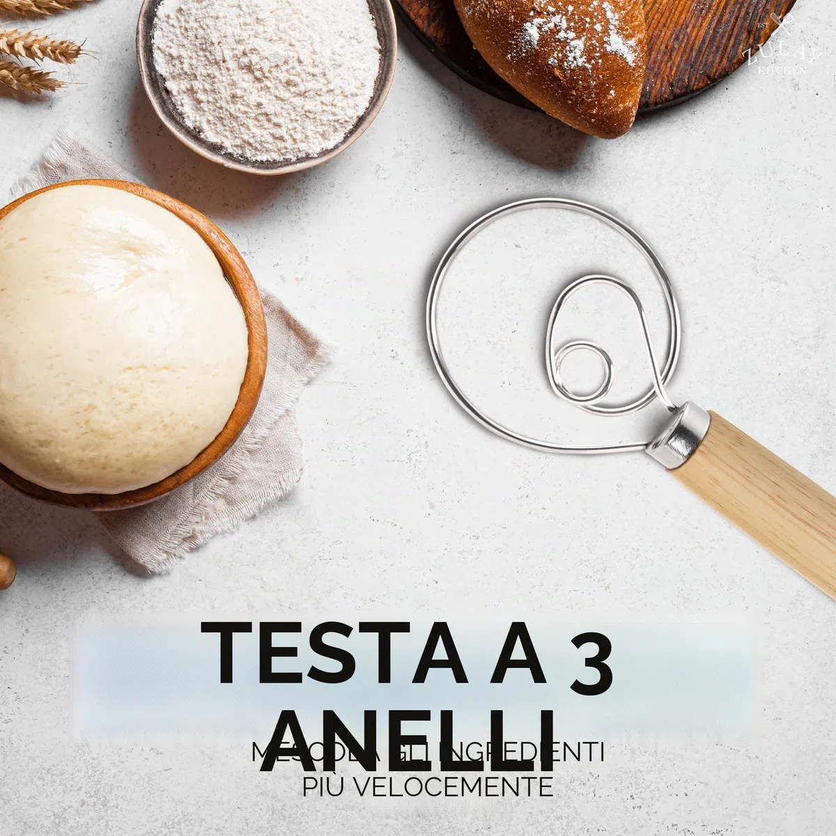 Zulay - Frusta danese per impasto, grande, 33 cm, in acciaio inox e legno danese, frullatore artigianale in stile olandese per pane, pastella, torta, pasticceria e altro ancora