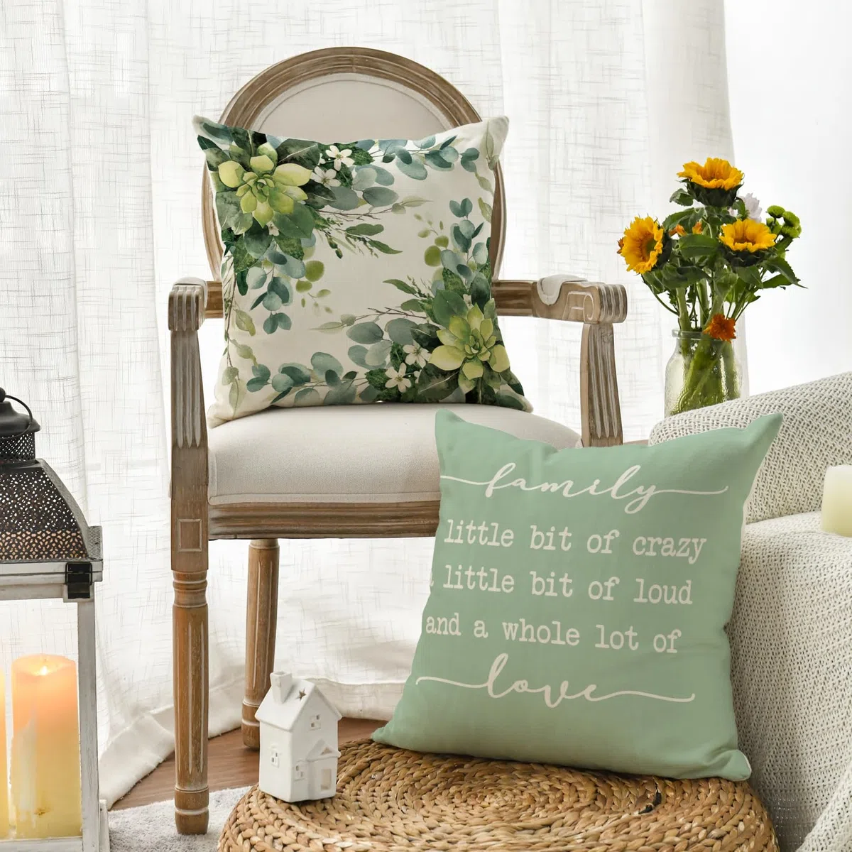 Artoid Mode Family Love - Set di 4 federe estive con foglie di eucalipto, 40 x 40 cm, per la primavera e la casa, decorazione