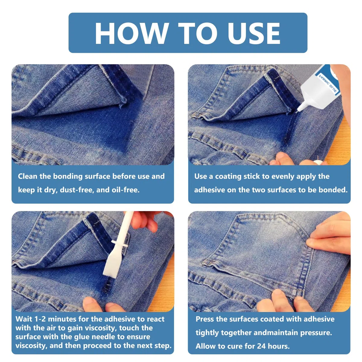 Colla per tessuti non necessaria cucitura, resistente all'acqua, auto-adesiva per cotone, flanella, denim, poliestere